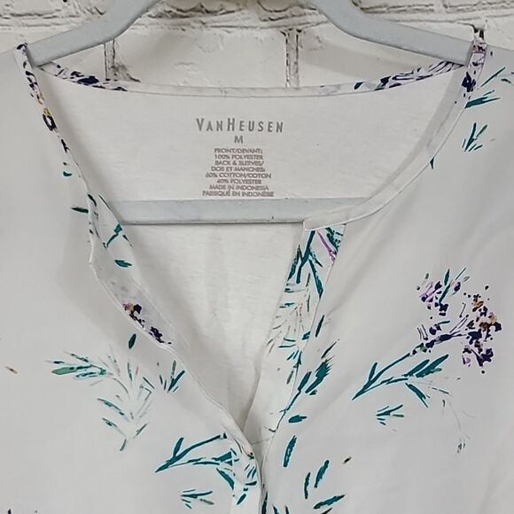 Van Heusen Women's Floral Chiffon Mixed Media Knit Top 3/4 Sleeve Henley Blouse - Picture 2 of 7